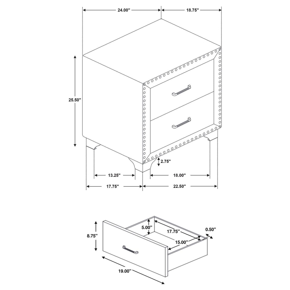 223372 Melody Upholstered 2-drawer Nightstand Pacific Blue