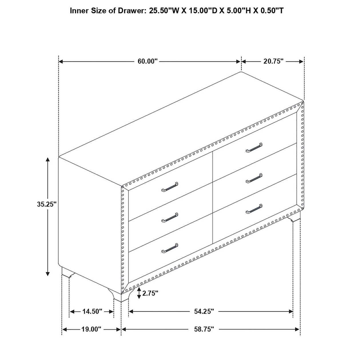 223383 Melody 6-drawer Upholstered Dresser Grey