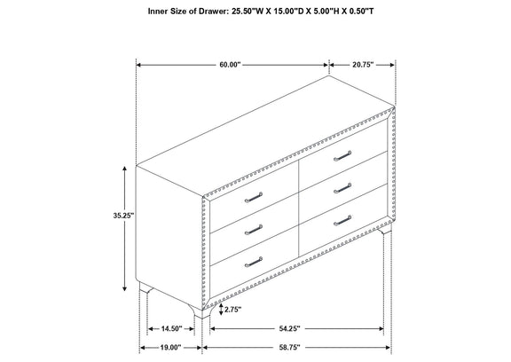 223383 Melody 6-drawer Upholstered Dresser Grey