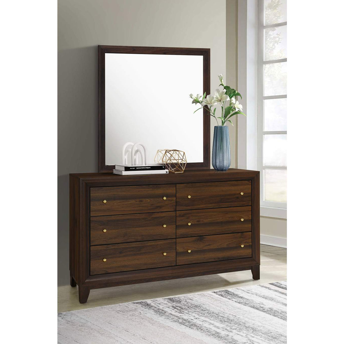 223443M Welsley 6-drawer Dresser and Mirror Walnut