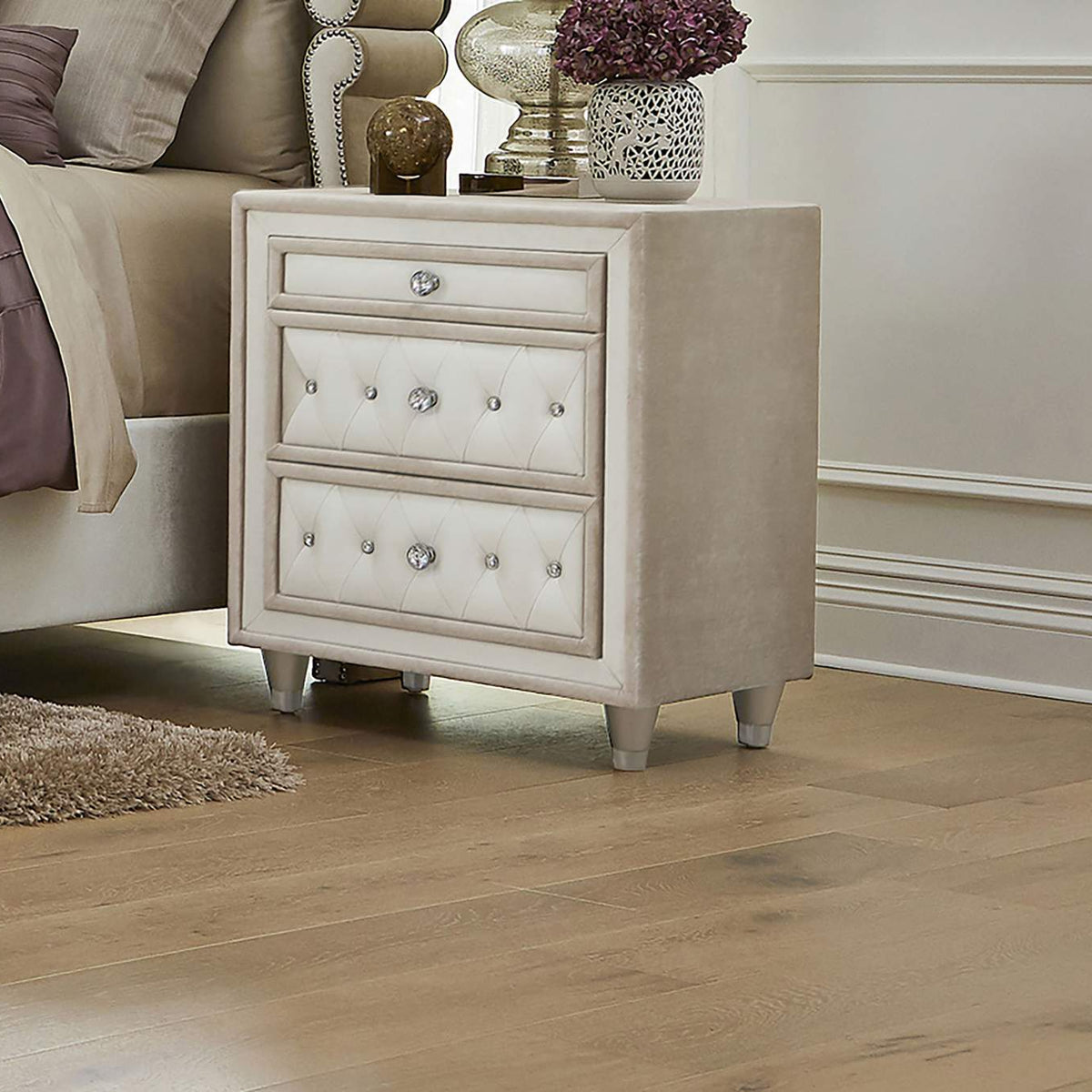 223522 Antonella Upholstered 3-drawer Nightstand Ivory and Camel