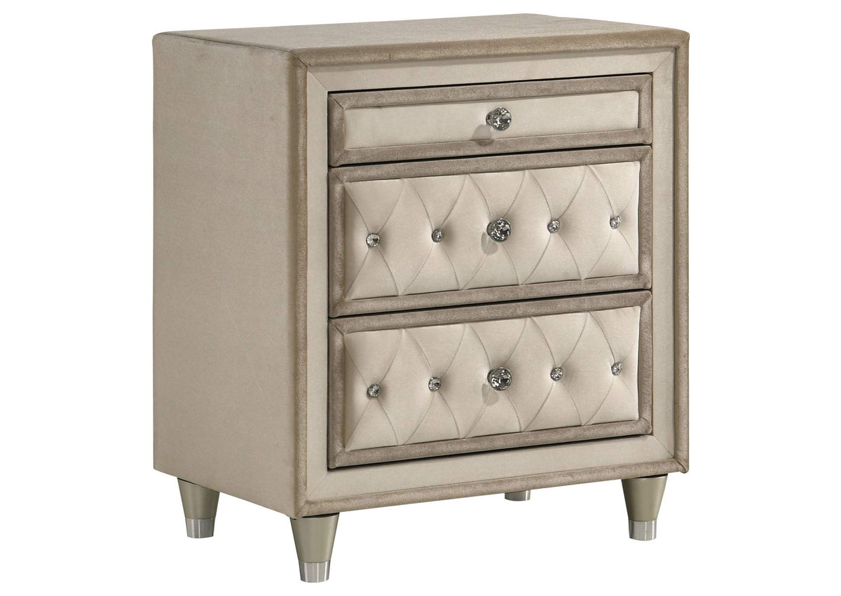 223522 Antonella Upholstered 3-drawer Nightstand Ivory and Camel