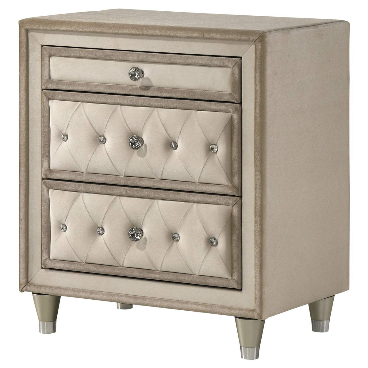 223522 Antonella Upholstered 3-drawer Nightstand Ivory and Camel