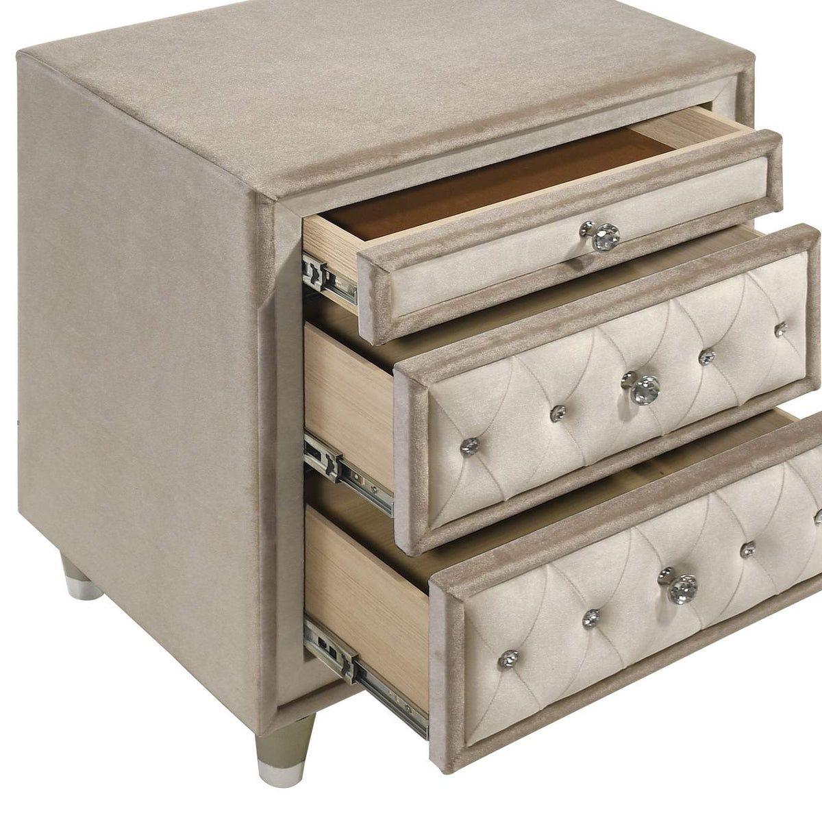 223522 Antonella Upholstered 3-drawer Nightstand Ivory and Camel