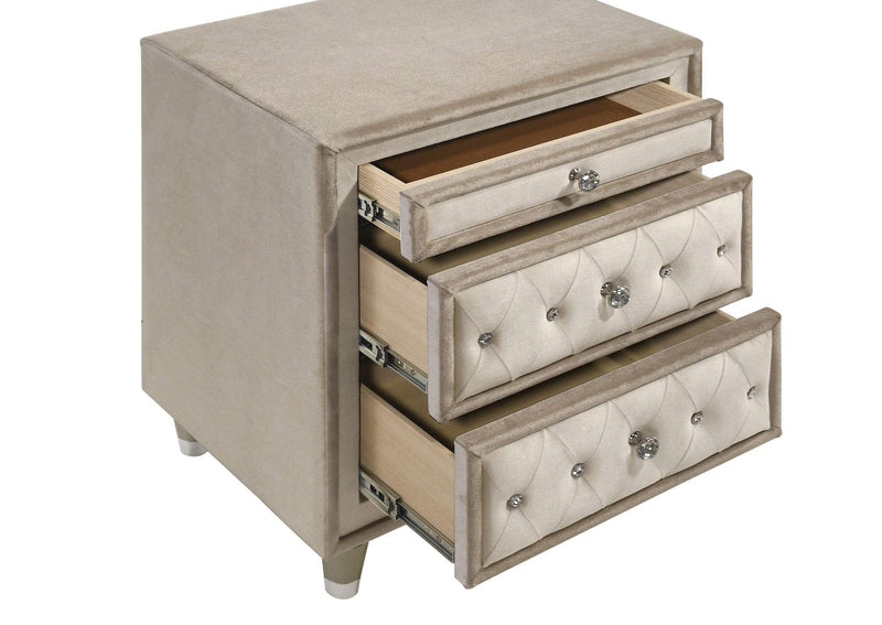 223522 Antonella Upholstered 3-drawer Nightstand Ivory and Camel