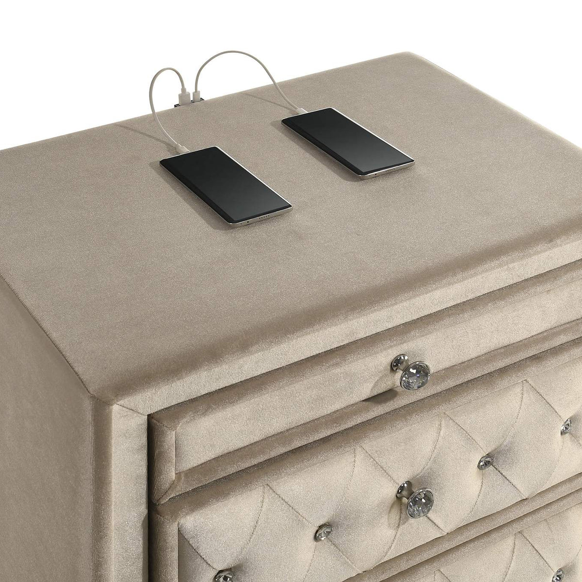 223522 Antonella Upholstered 3-drawer Nightstand Ivory and Camel