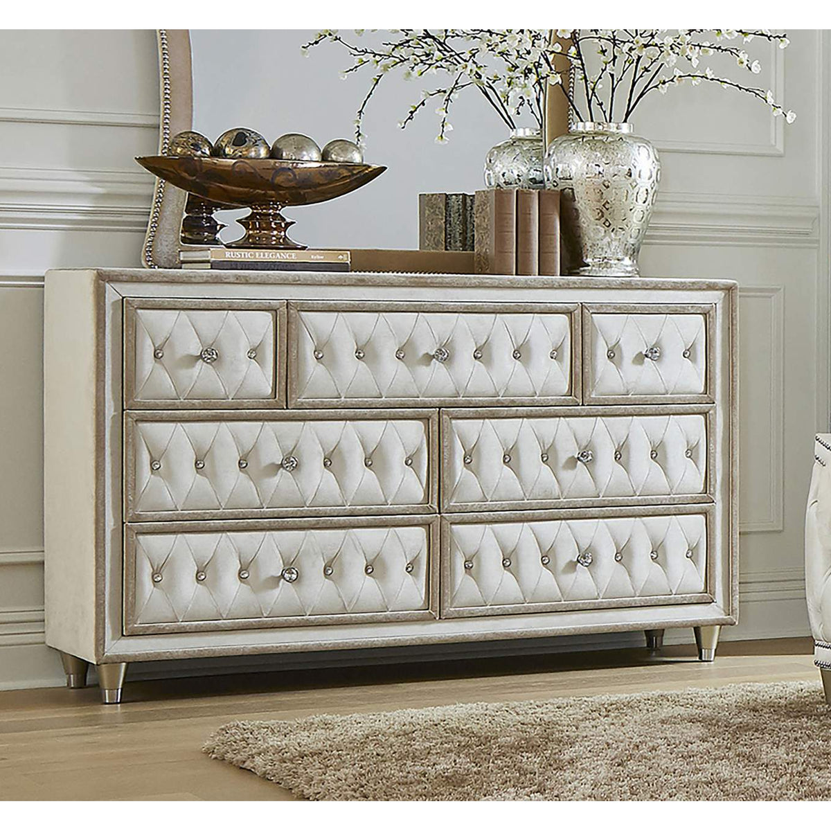 223523 Antonella 7-drawer Upholstered Dresser Ivory and Camel