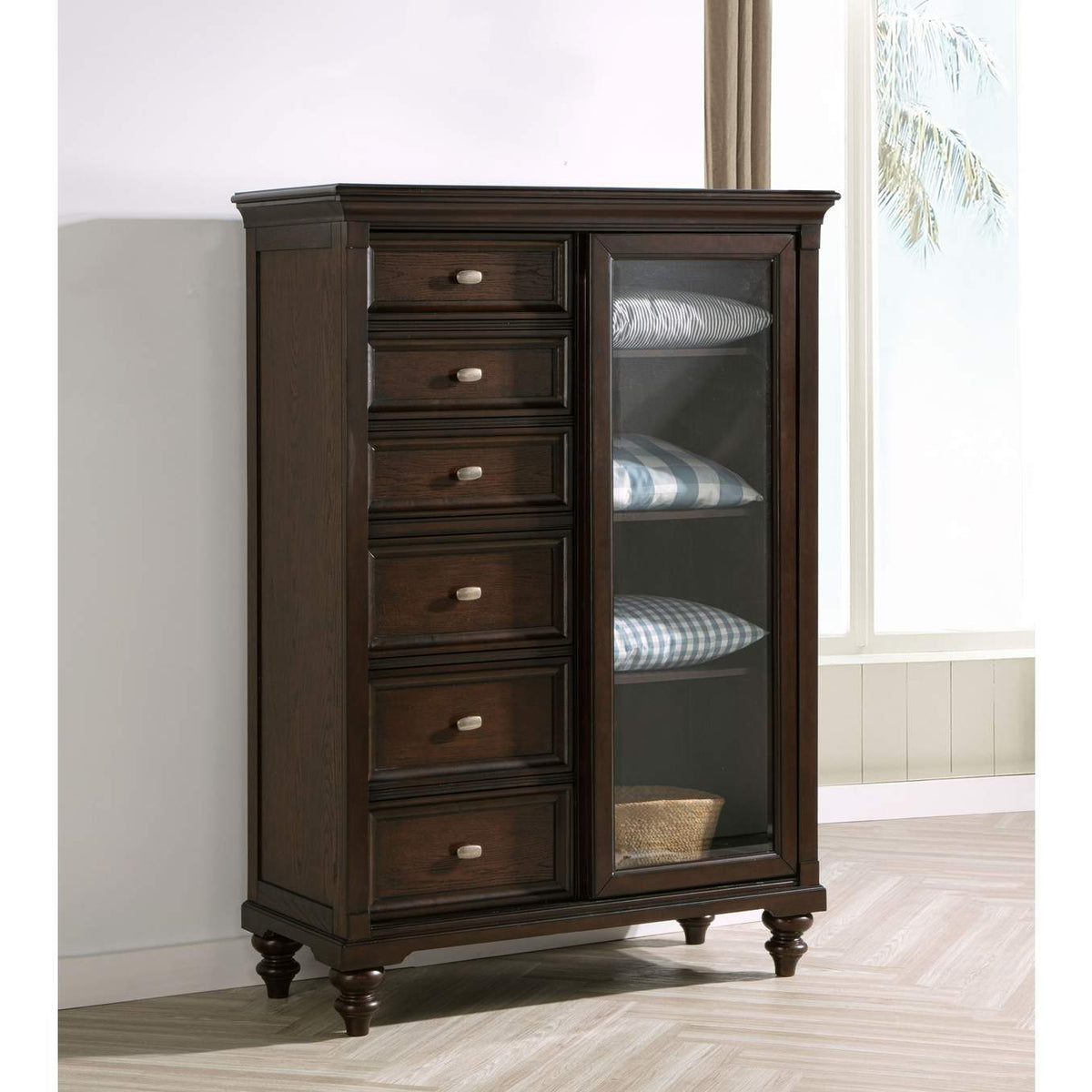223637 Andover 6-drawer Tempered Glass Door Chest Dark Oak