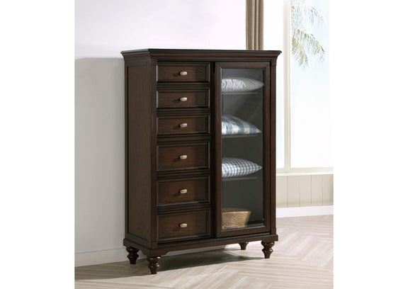 223637 Andover 6-drawer Tempered Glass Door Chest Dark Oak