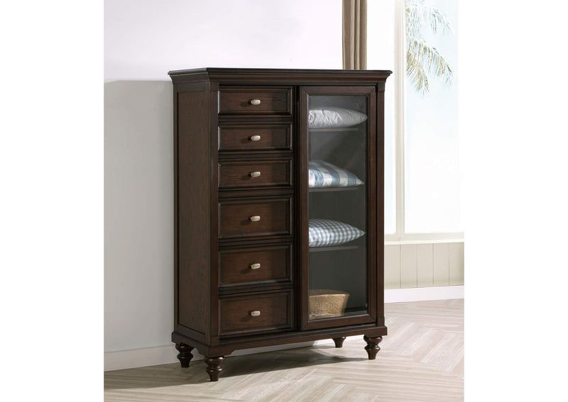 223637 Andover 6-drawer Tempered Glass Door Chest Dark Oak