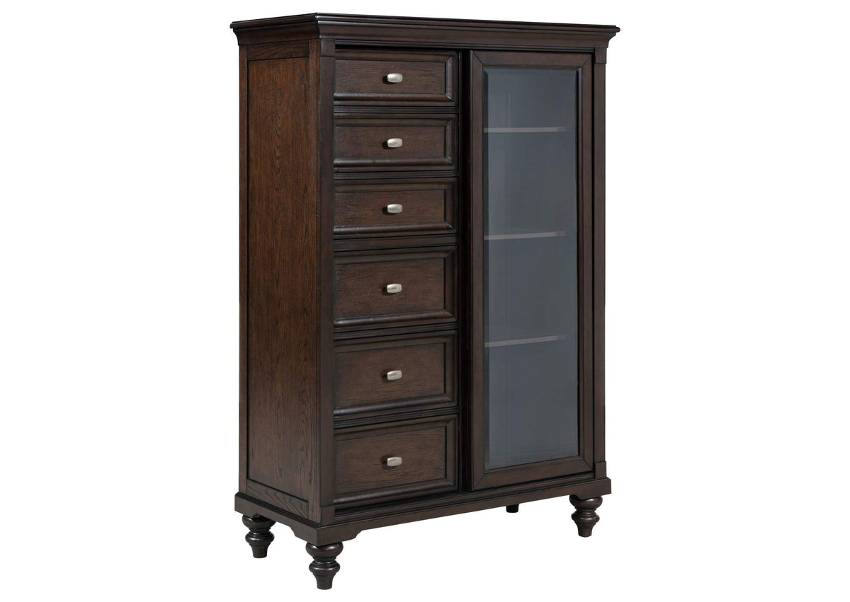 223637 Andover 6-drawer Tempered Glass Door Chest Dark Oak