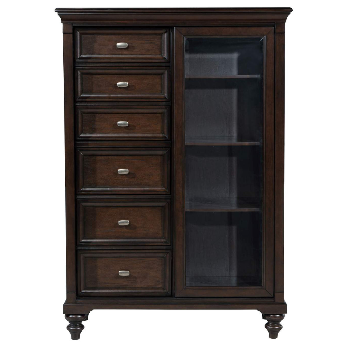 223637 Andover 6-drawer Tempered Glass Door Chest Dark Oak