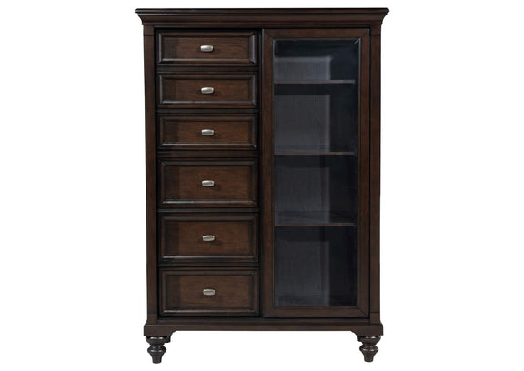 223637 Andover 6-drawer Tempered Glass Door Chest Dark Oak
