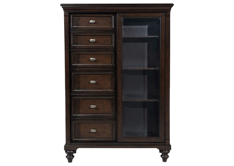 223637 Andover 6-drawer Tempered Glass Door Chest Dark Oak