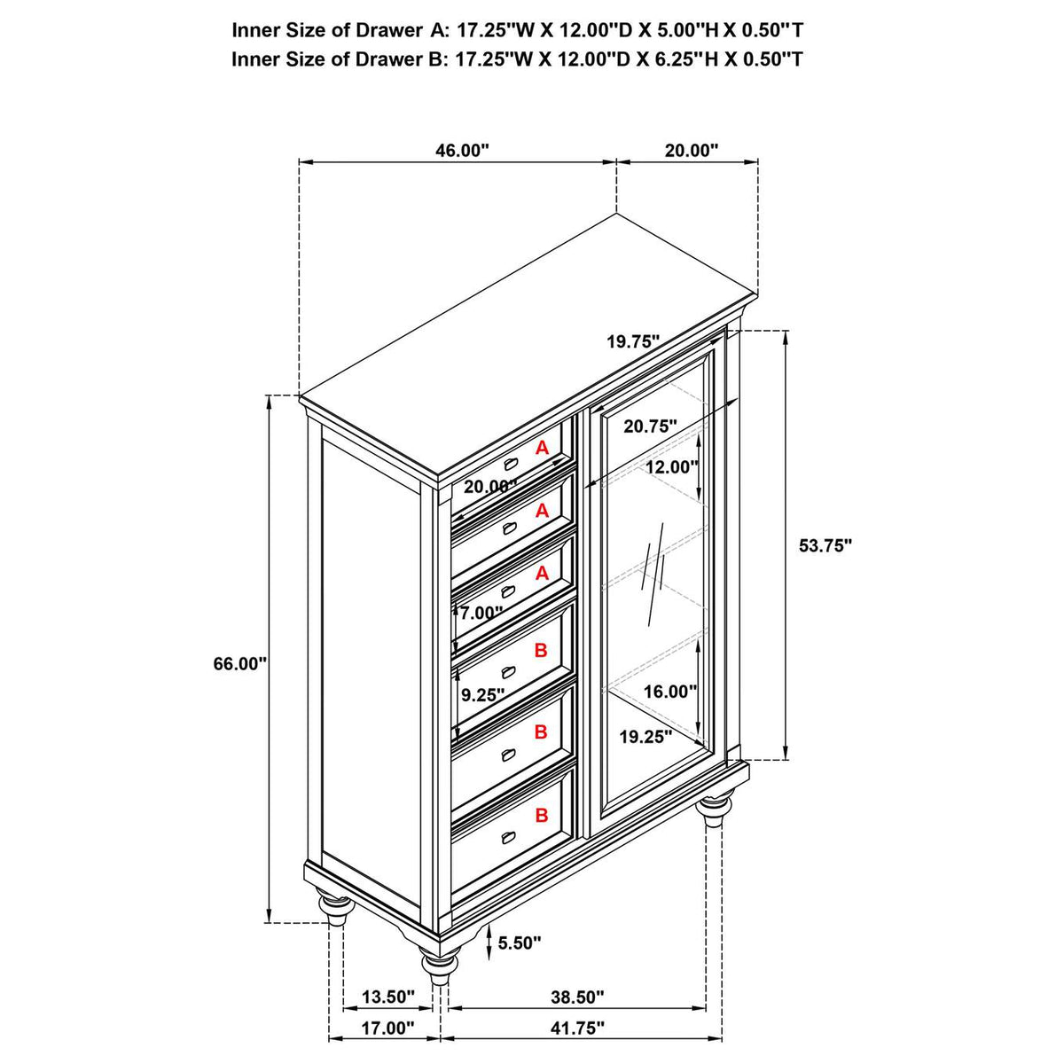 223637 Andover 6-drawer Tempered Glass Door Chest Dark Oak