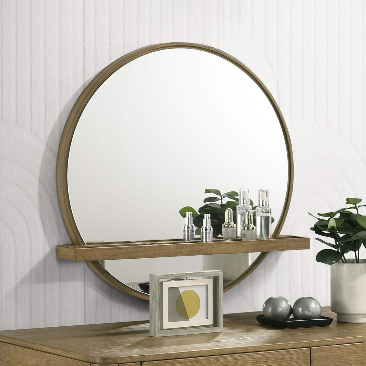 224308 Arini Round Vanity Wall Mirror with Shelf Sand Wash