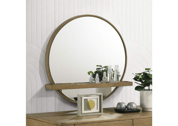 224308 Arini Round Vanity Wall Mirror with Shelf Sand Wash