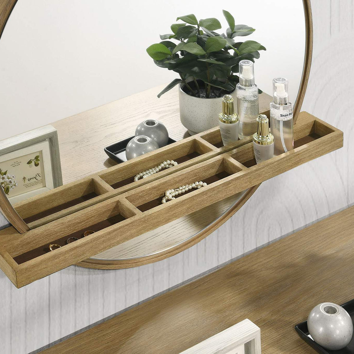 224308 Arini Round Vanity Wall Mirror with Shelf Sand Wash