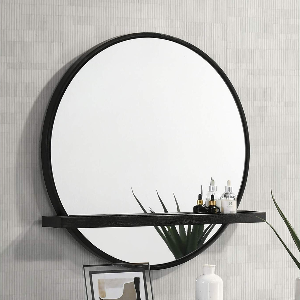 224338 Arini Round Vanity Wall Mirror with Shelf Black