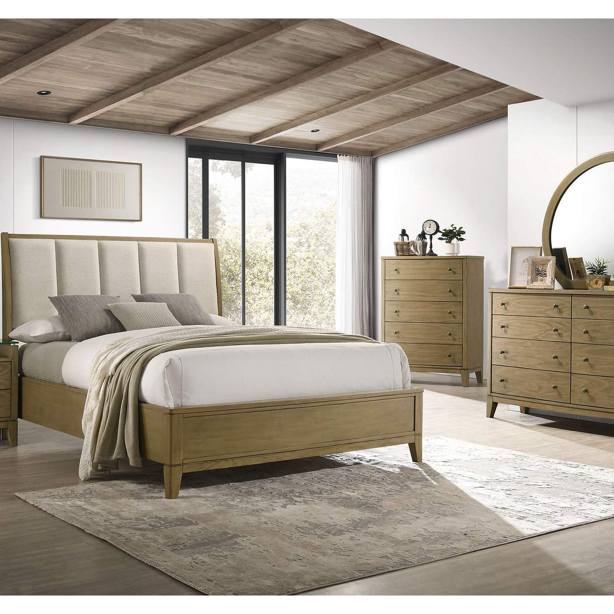 224921KE Granada Upholstered Eastern King Panel Bed Natural Pine