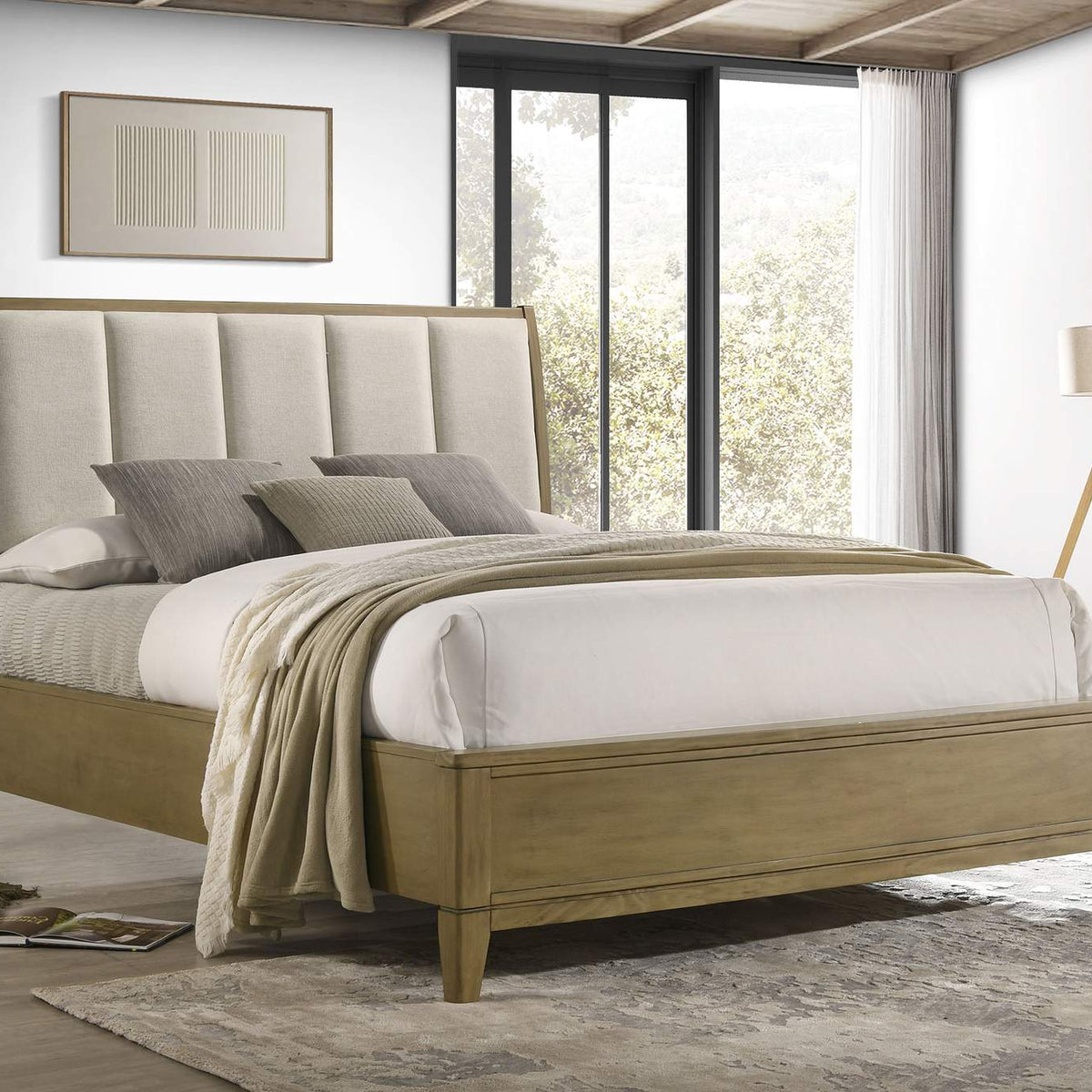 224921KW Granada Upholstered California King Panel Bed Natural Pine