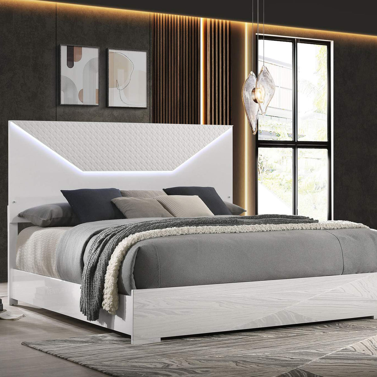 224941KE Ives Eastern King Panel Bed LED Headboard White High Gloss