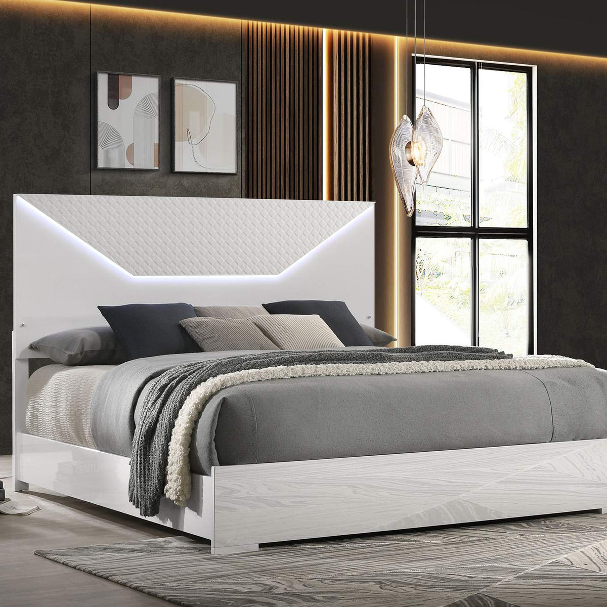 224941Q Ives Queen Panel Bed LED Headboard White High Gloss