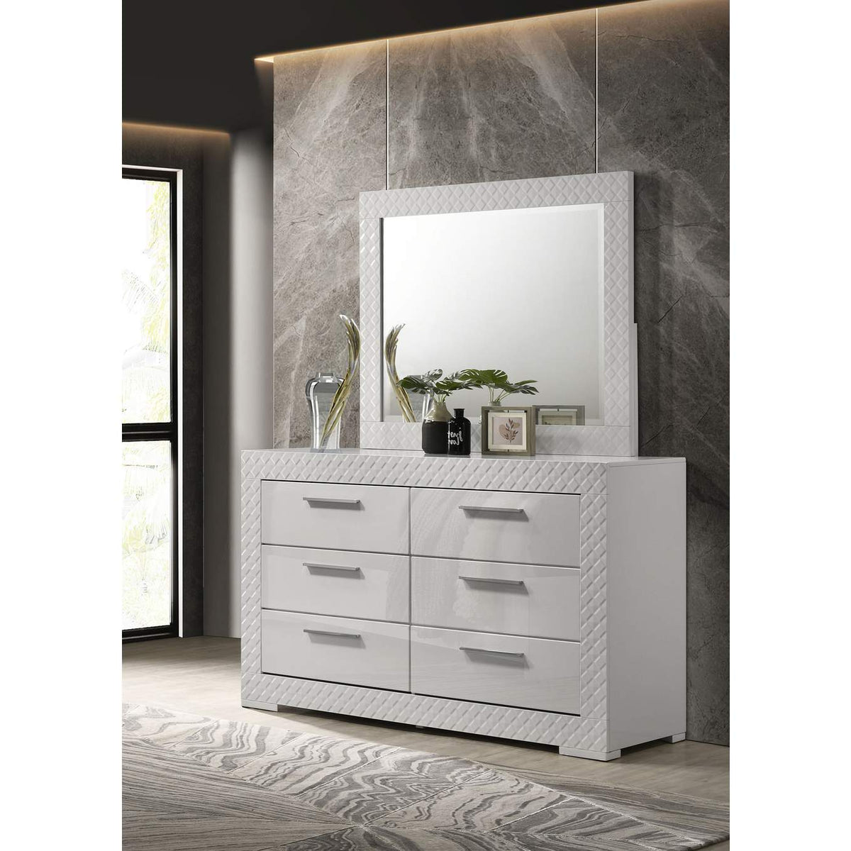 224943M Ives 6-drawer Dresser and Mirror White High Gloss