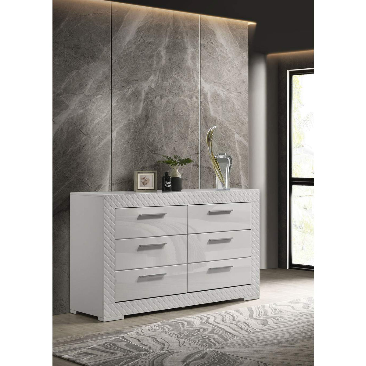224943 Ives 6-drawer Dresser Cabinet White High Gloss