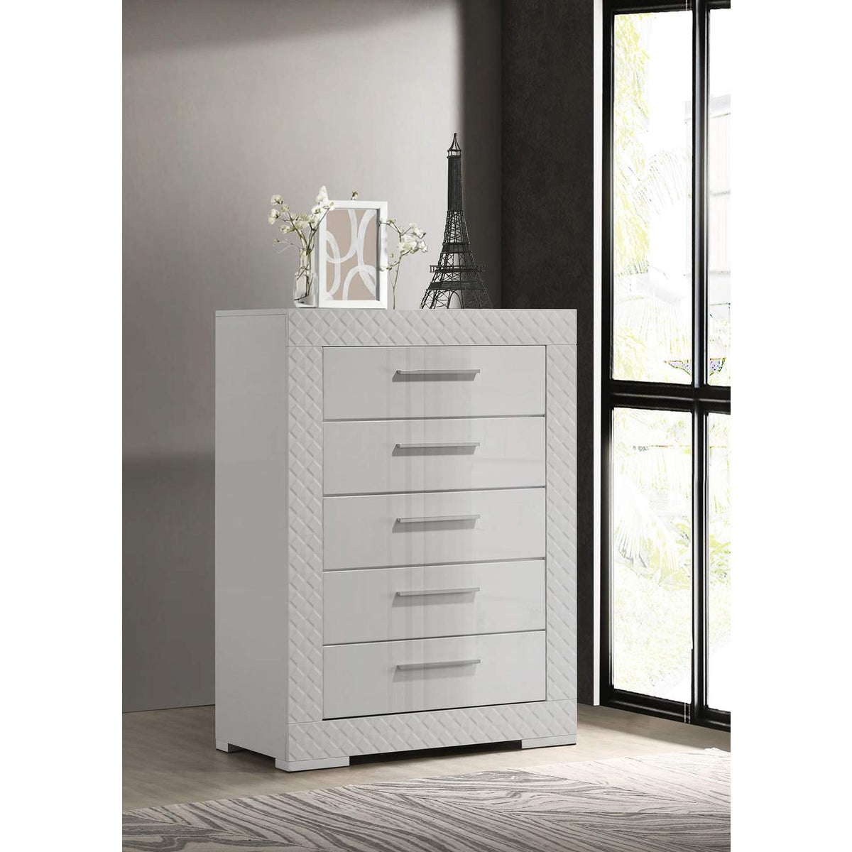 224945 Ives 5-drawer Bedroom Chest of Drawers White High Gloss