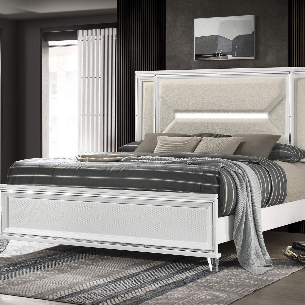 224961Q Marmore 64-inch Queen Panel Bed LED Headboard White