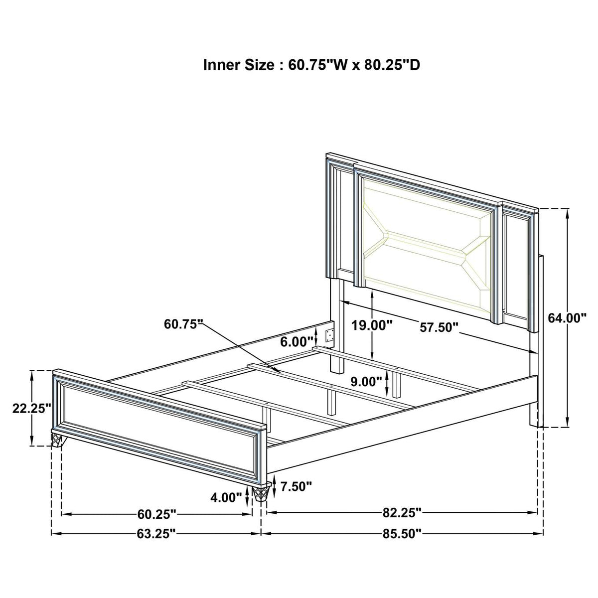 224961Q Marmore 64-inch Queen Panel Bed LED Headboard White