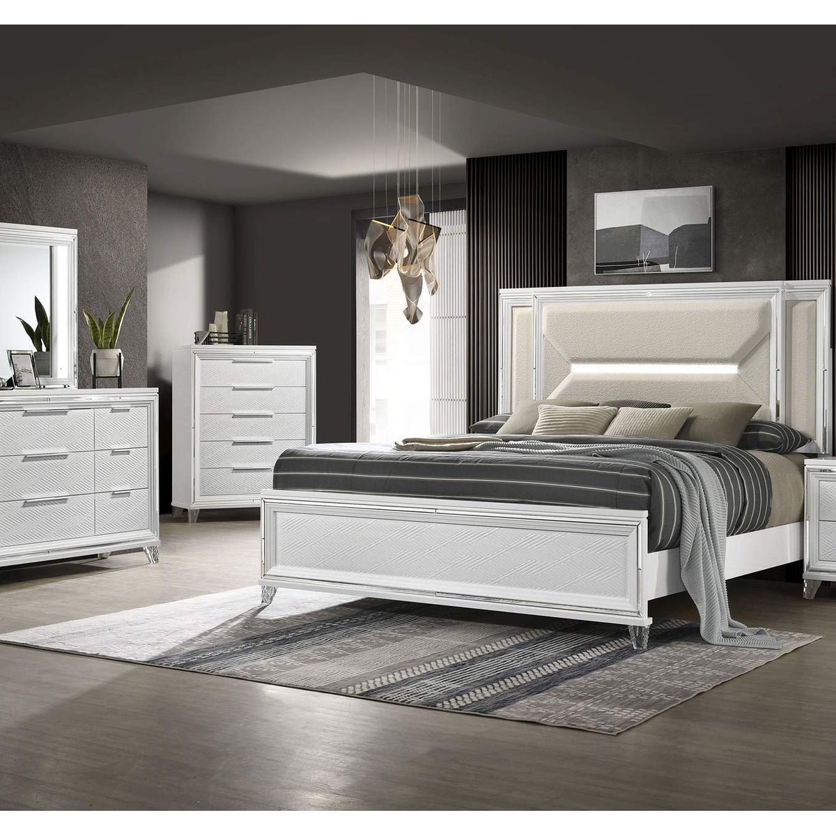 224961Q Marmore 64-inch Queen Panel Bed LED Headboard White