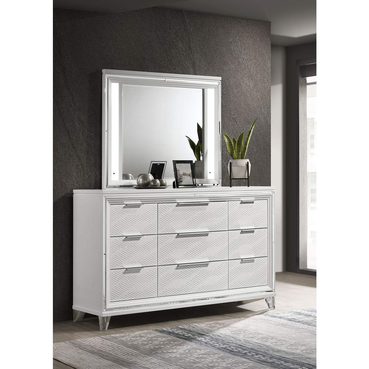 224963M Marmore 9-drawer Dresser and LED Mirror White
