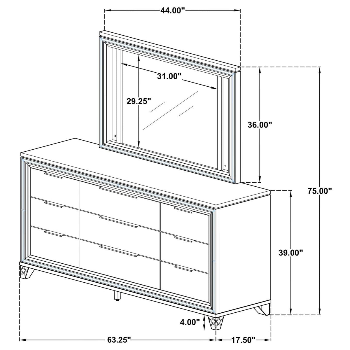 224963M Marmore 9-drawer Dresser and LED Mirror White