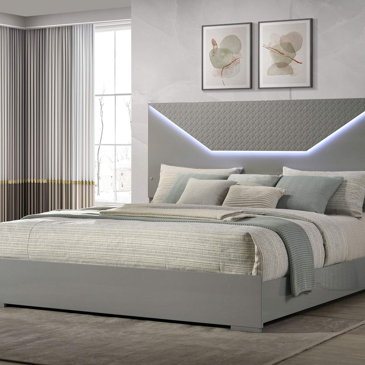 224971KE Ives Eastern King Panel Bed LED Headboard Grey High Gloss