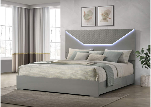 224971KE Ives Eastern King Panel Bed LED Headboard Grey High Gloss