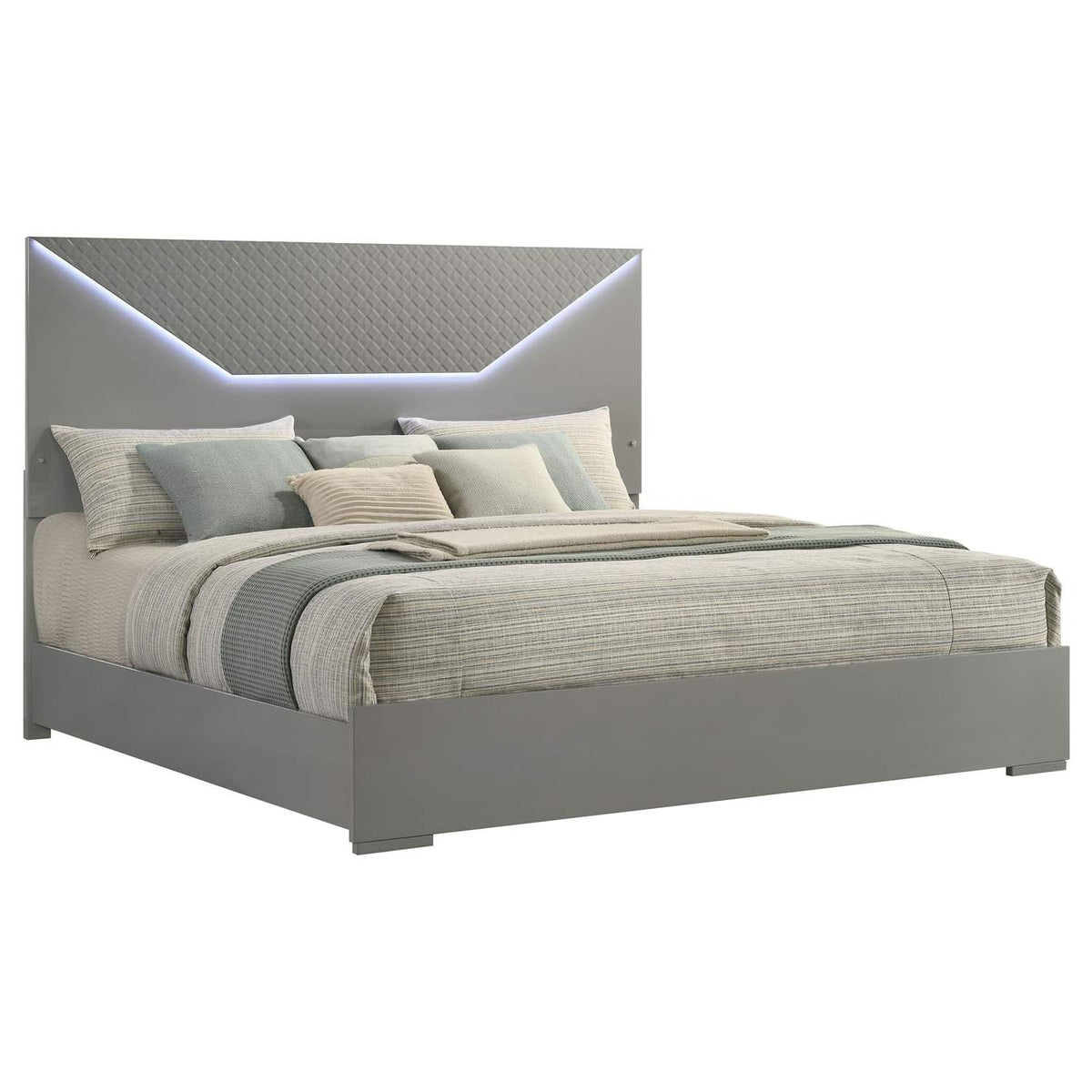 224971KE Ives Eastern King Panel Bed LED Headboard Grey High Gloss