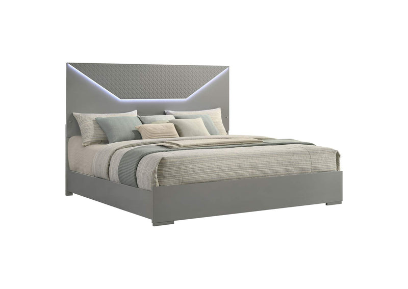 224971KE Ives Eastern King Panel Bed LED Headboard Grey High Gloss