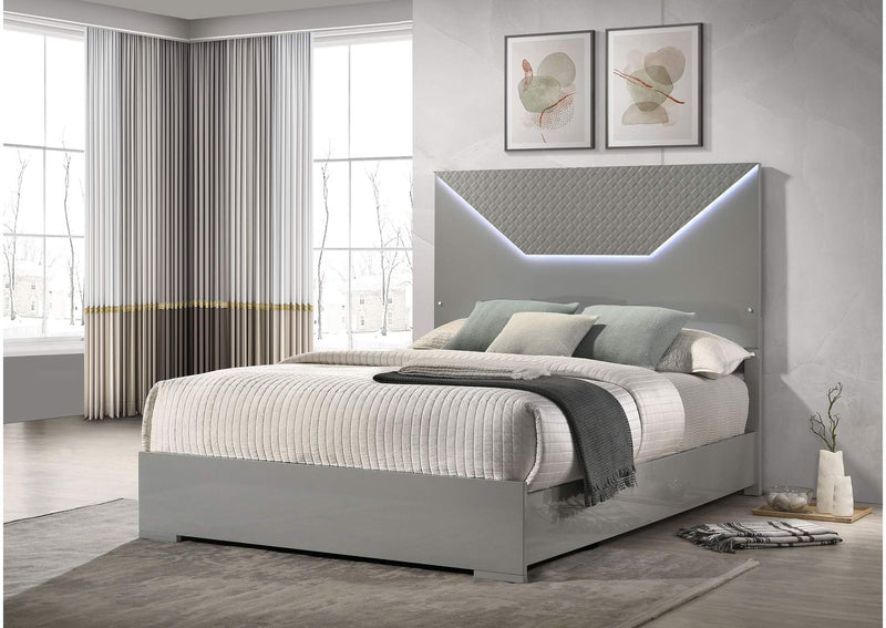 224971Q Ives Queen Panel Bed LED Headboard Grey High Gloss