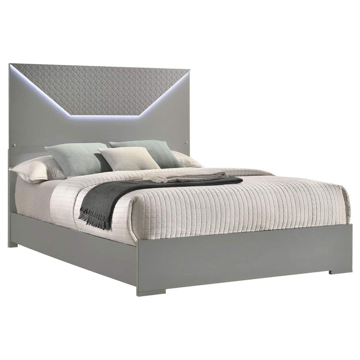 224971Q Ives Queen Panel Bed LED Headboard Grey High Gloss
