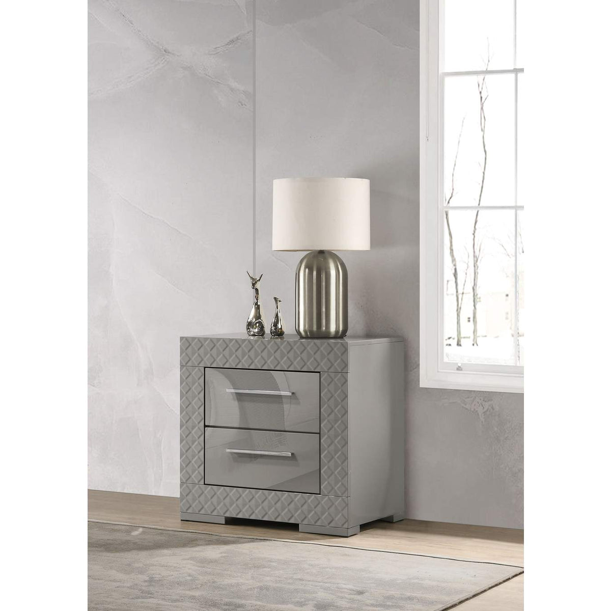 224972 Ives 2-drawer Nightstand Bedside Table Grey High Gloss