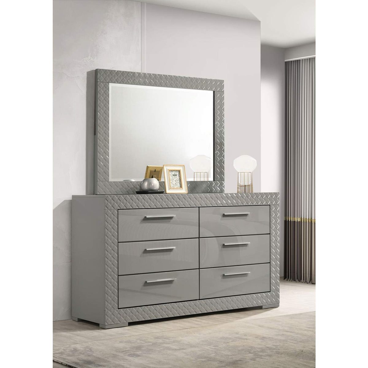 224973M Ives 6-drawer Dresser and Mirror Grey High Gloss