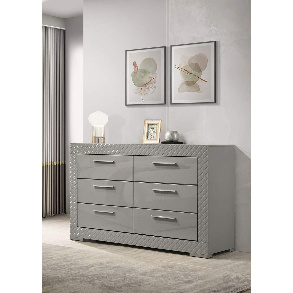 224973 Ives 6-drawer Dresser Cabinet Grey High Gloss