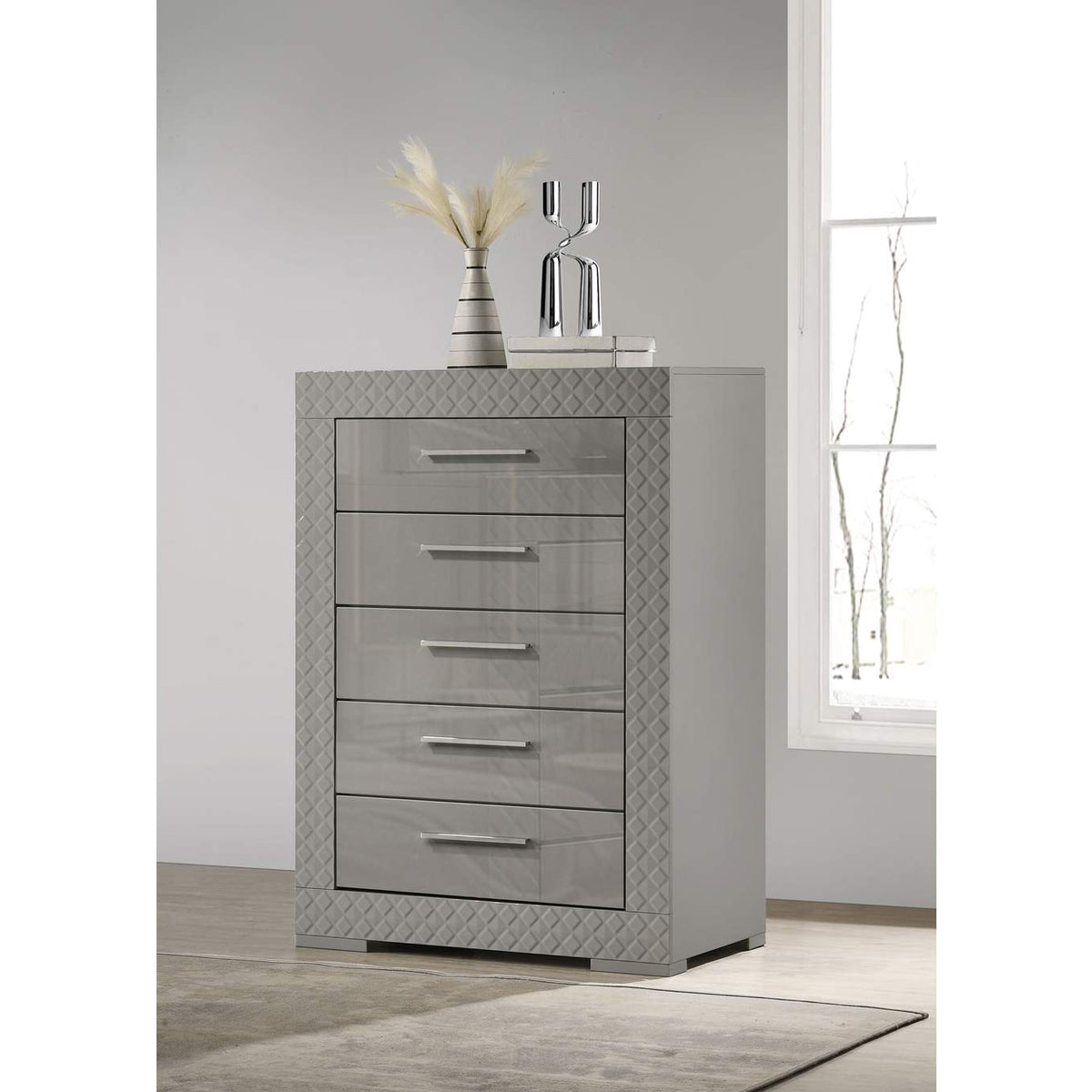 224975 Ives 5-drawer Bedroom Chest of Drawers Grey High Gloss