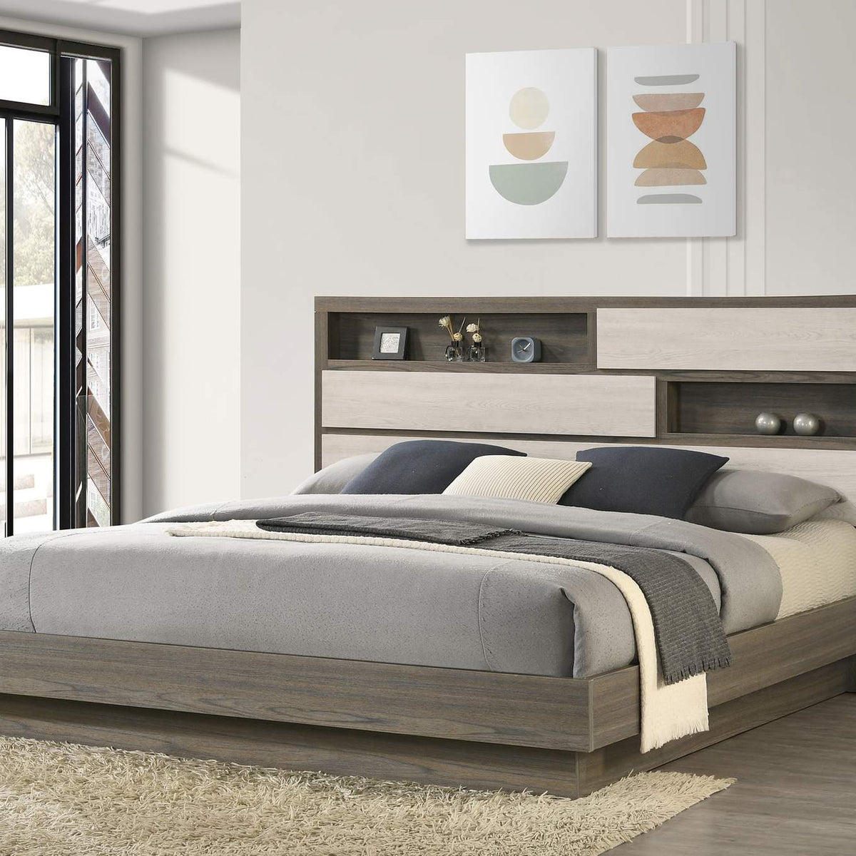 224981KE Fenwick Eastern King Bed Bookcase Headboard Grey Oak