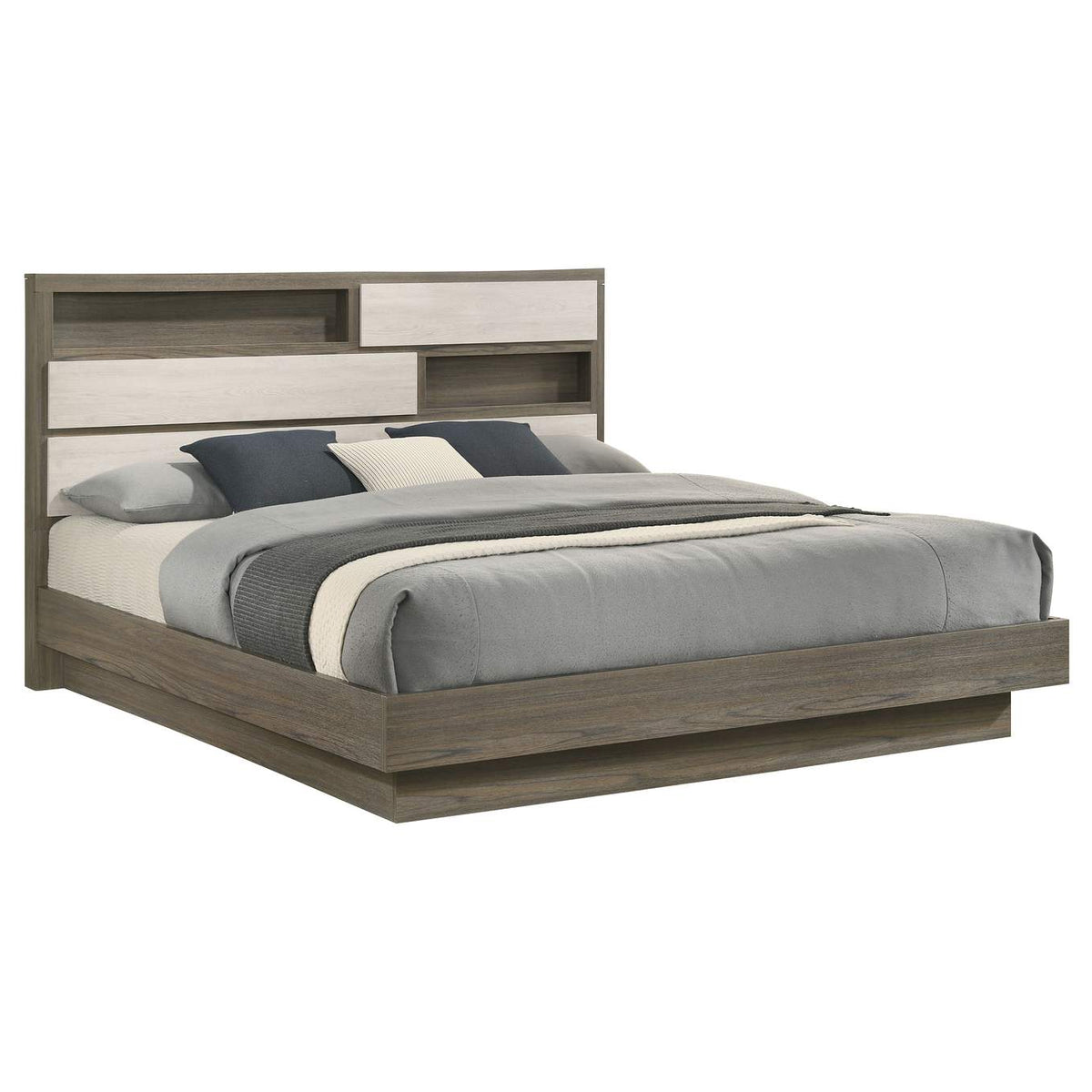 224981KE Fenwick Eastern King Bed Bookcase Headboard Grey Oak