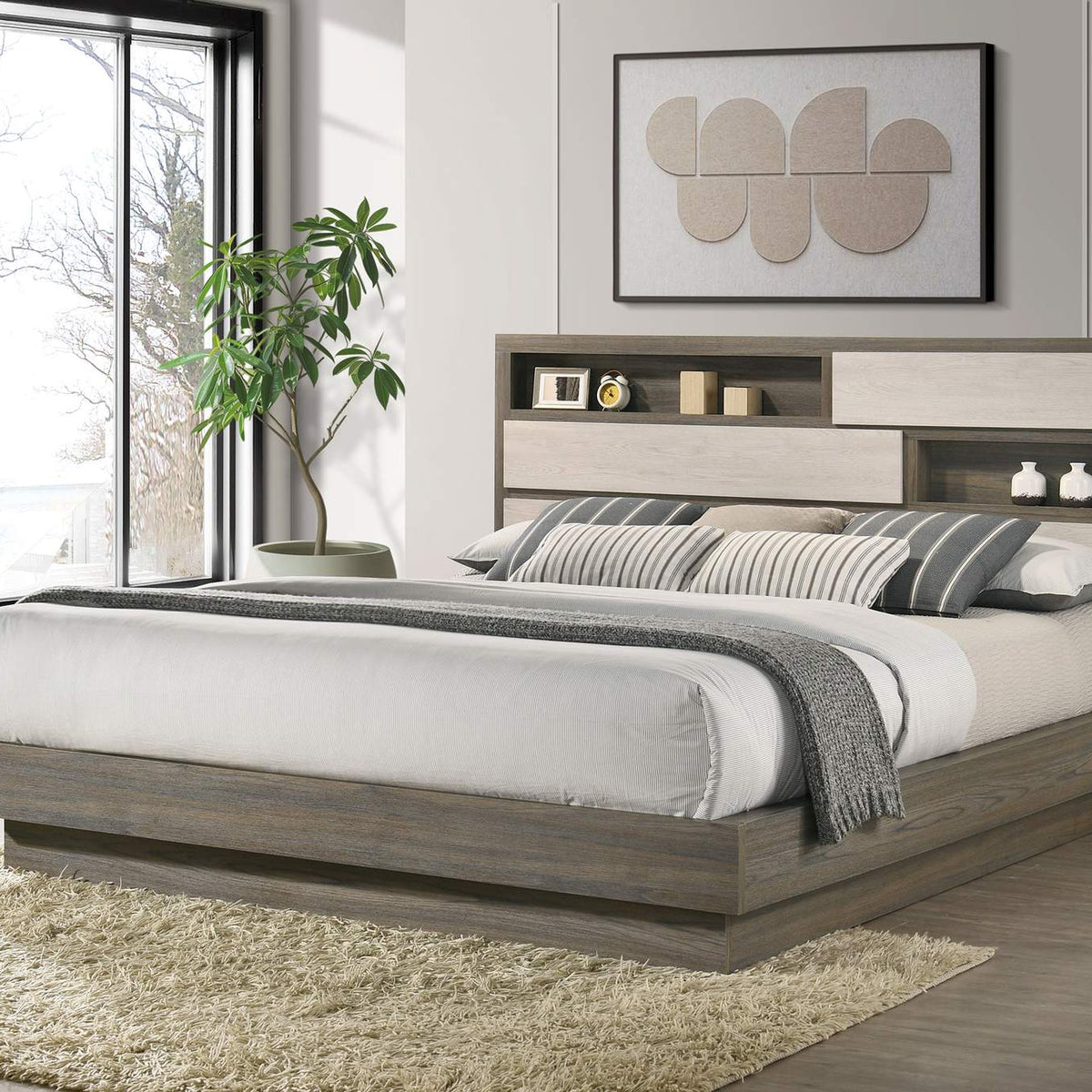 224981KW Fenwick California King Bed Bookcase Headboard Grey Oak