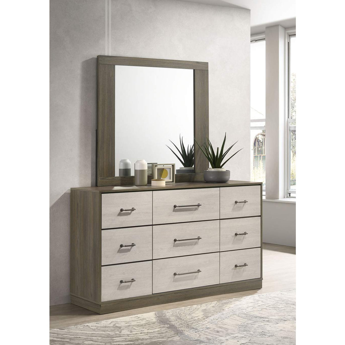 224983M Fenwick 9-drawer Dresser with Mirror Grey Oak