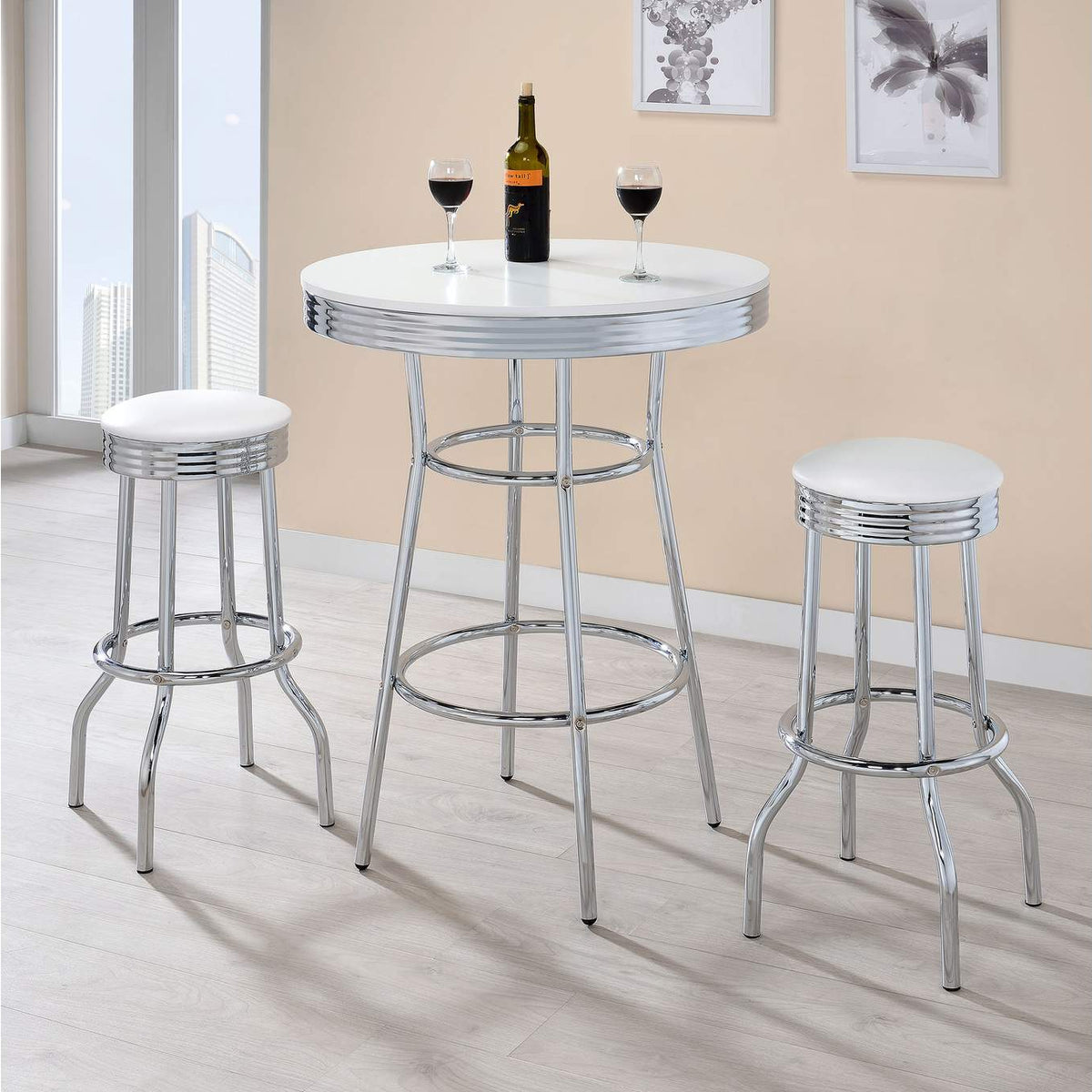 2299W Retro Upholstered Metal Swivel Bar Stool White (Set of 2)